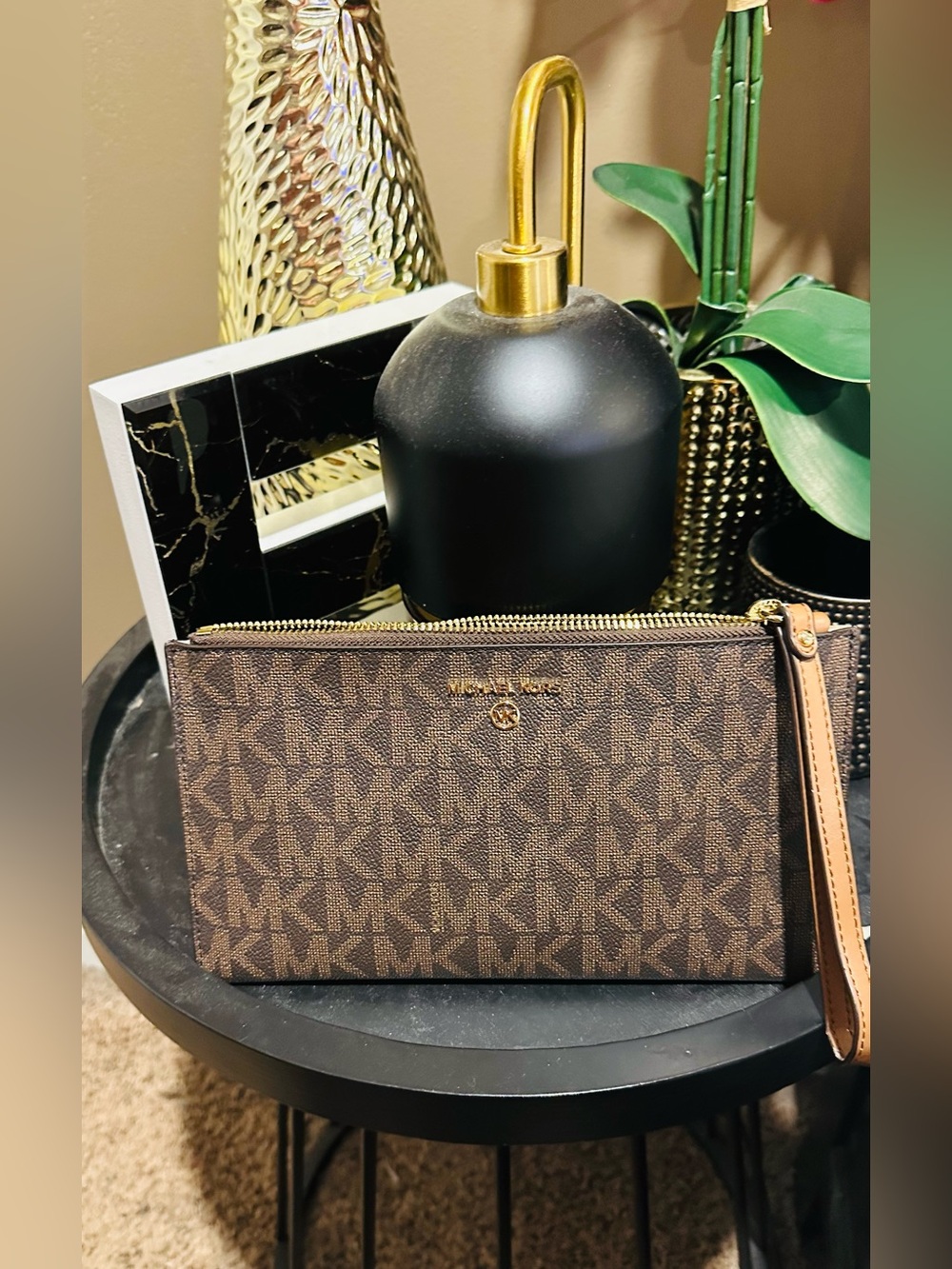 Michael Kors Brown Logo-Print Wristlet with Tan Strap